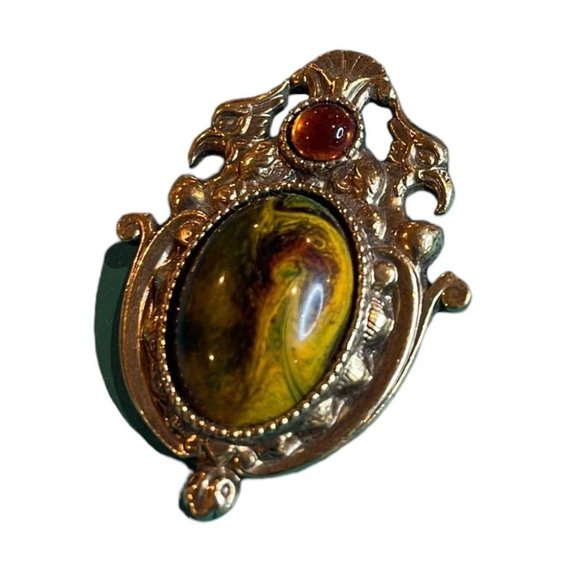 Vintage Baroque Ornate Brooch Pin Goldtone Oval and Round Cabachon Faux Stones 2 - Picture 1 of 5